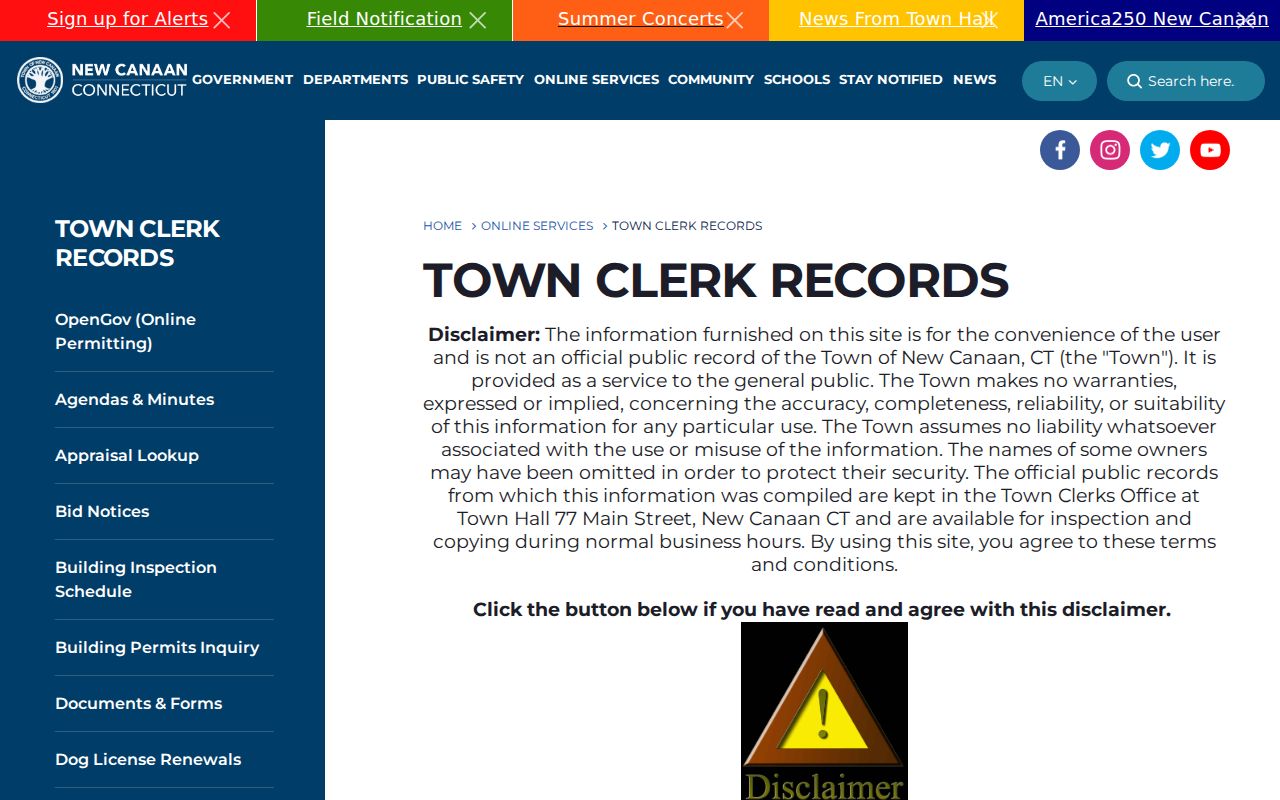 New Canaan residents directory Town Clerk records request